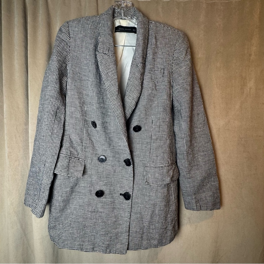 Zara Women Double-Breasted Houndstooth Blazer Jacket - Black/White Boyfriend‎ XS